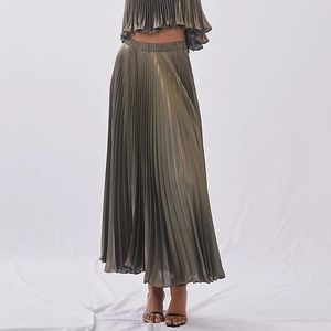 Olive Green Metallic Pleated Maxi Skirt - Anthropologie